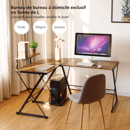 Bureau D'Angle En Forme L Détachable Avec Support Pour Moniteur 147X112X79Cm Noyer/Noir/Antique
