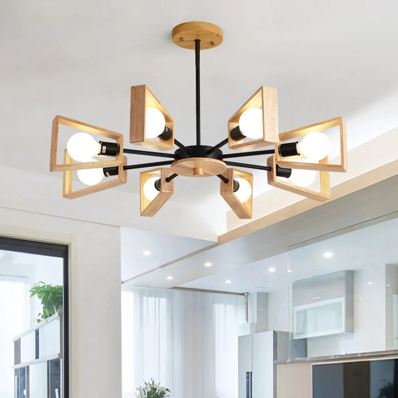 Black White Modern Ceiling Chandelier Lamp 3/5/6/8 Lights E27 Windmill LED Nordic Wooden Hanging Light for Living Room Bedroom