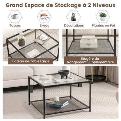 Table Basse Carrée En Verre Trempé 2 Niveaux Étagère En Maille Cadre En Métal Pieds Réglables Gris/Transparent