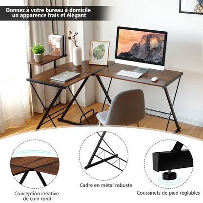 Bureau D'Angle En Forme L Détachable Avec Support Pour Moniteur 147X112X79Cm Noyer/Noir/Antique