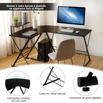 Bureau D'Angle En Forme L Détachable Avec Support Pour Moniteur 147X112X79Cm Noyer/Noir/Antique