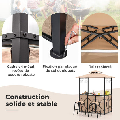 Tonnelle De Barbecue 3 Pcs Avec 2 Tabourets De Bar Abri Barbecue Avec Plateau En Verre Trempé Étagères En Métal 194X121X242Cm Gris/Marron