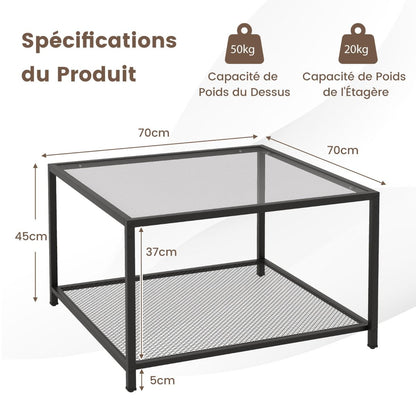 Table Basse Carrée En Verre Trempé 2 Niveaux Étagère En Maille Cadre En Métal Pieds Réglables Gris/Transparent