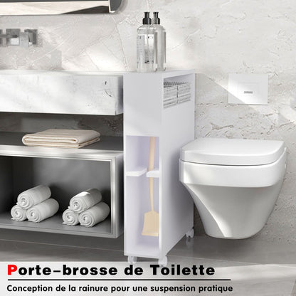 Placard De Salle De Bain Étroit Meuble De Rangement En Bois Avec Tiroirs Coulissants Profonds Paniers En Osier Et Porte-Brosse Blanc/Noir