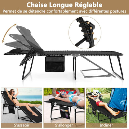 Chaise Longue Pliante Avec Appuie-Tête Amovible Dossier Réglable À 4 Positions Acier Antirouille Pour Camping Terrasse Noir/Bleu/Gris