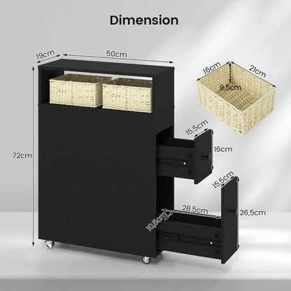 Placard De Salle De Bain Étroit Meuble De Rangement En Bois Avec Tiroirs Coulissants Profonds Paniers En Osier Et Porte-Brosse Blanc/Noir