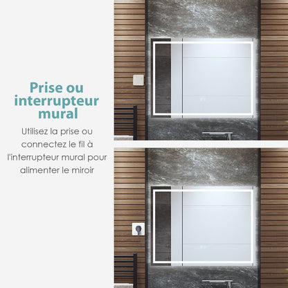 Miroir De Salle De Bain LED 80 X 60 Cm Avec 3 Eclairages Interrupteur Tactile Et Fonction Anti-Buée