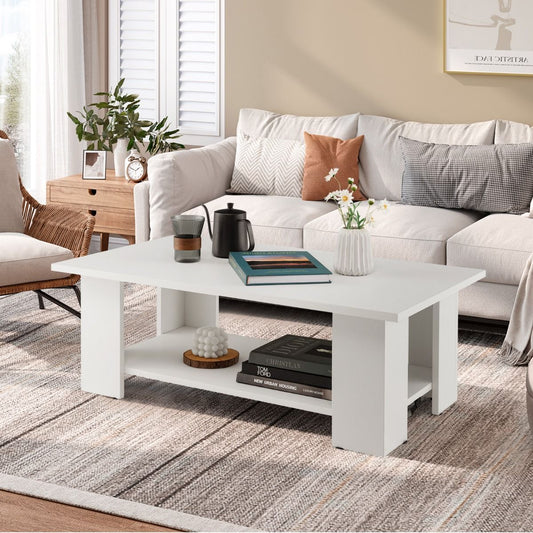 Table Basse En Bois À 2 Niveaux Avec Etagère Ouverte Style Moderne Pour Salon Chambre 90 X 52 X 32 Cm Blanc