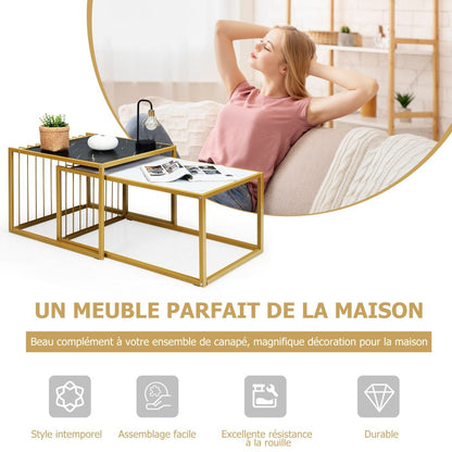 Lot De 2 Tables Basses Gigognes Surface En Marbre Artificiel Réaliste Scandinave Moderne Structure En Métal