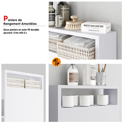 Placard De Salle De Bain Étroit Meuble De Rangement En Bois Avec Tiroirs Coulissants Profonds Paniers En Osier Et Porte-Brosse Blanc/Noir