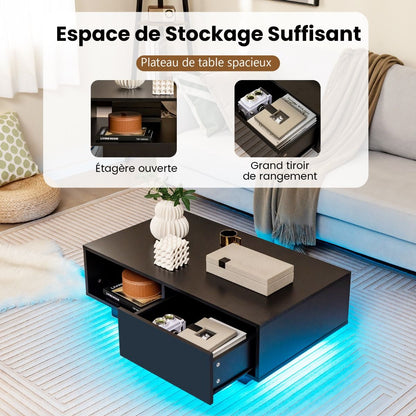 Table Basse Contemporain Avec Lumières LED 20 Couleurs 95X55X31 CM Table De Salon Avec Grand Tiroir Et Compartiment Blanc/Noir