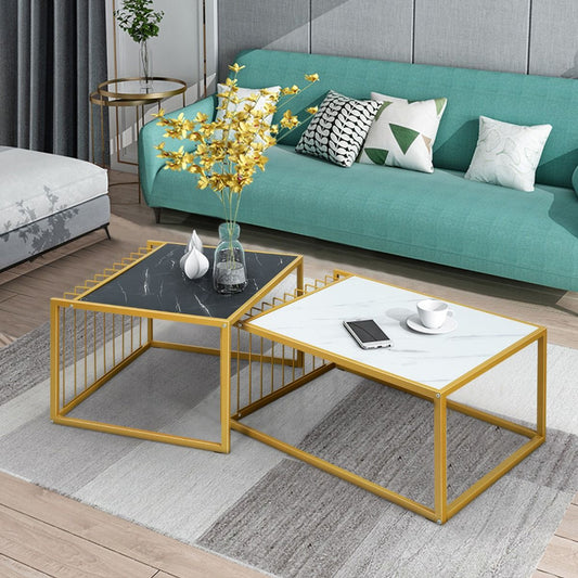 Lot De 2 Tables Basses Gigognes Surface En Marbre Artificiel Réaliste Scandinave Moderne Structure En Métal