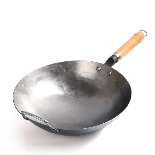 Wok en acier au carbone chinois avec marteau à l’oreille fait à la main, grand wok en fer, antiadhésif, non-Coating, batterie de cuisine au gaz saine