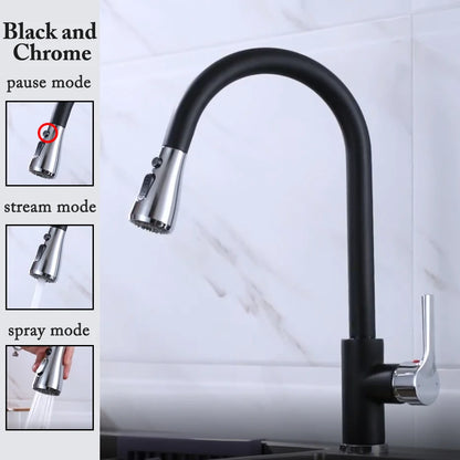 Robinet de cuisine noir Robinet de cuisine à tirer Mitigeur d’évier de cuisine Robinet brossé Nickle Stream Pulvérisateur Tête Chrome Robinet d’eau de cuisine