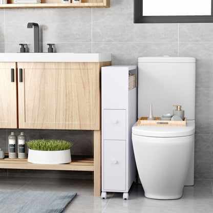 Placard De Salle De Bain Étroit Meuble De Rangement En Bois Avec Tiroirs Coulissants Profonds Paniers En Osier Et Porte-Brosse Blanc/Noir