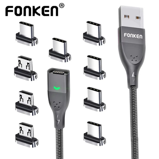Câble magnétique FONKEN 3A USB Chargeur de téléphone magnétique Cordon de données Aimant de câble USB Type C Câble de charge rapide Micro USB Fil de charge