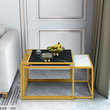 Lot De 2 Tables Basses Gigognes Surface En Marbre Artificiel Réaliste Scandinave Moderne Structure En Métal