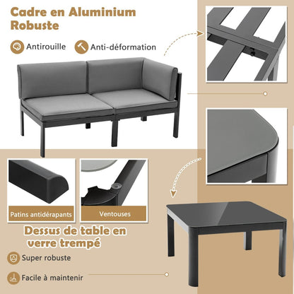 Salon De Jardin Extérieur Avec Table Basse En Verre Trempé Canapéavec Dossier Inclinable À 6 Niveaux Coussins Inclus Gris