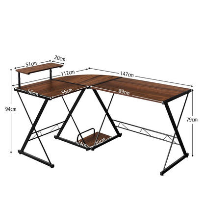 Bureau D'Angle En Forme L Détachable Avec Support Pour Moniteur 147X112X79Cm Noyer/Noir/Antique