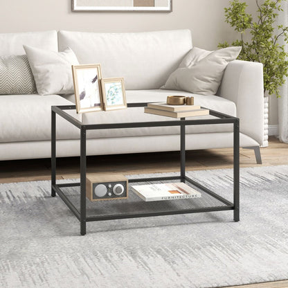 Table Basse Carrée En Verre Trempé 2 Niveaux Étagère En Maille Cadre En Métal Pieds Réglables Gris/Transparent