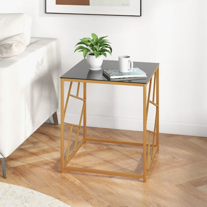 Table D'Appoint Carrée Bout De Canapé Avec Plateau En Verre Trempé Cadre Géométrique Doré Petite Table Basse Salon Moderne 50 X 50 X 55 Cm Noir