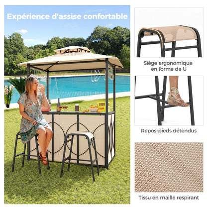Tonnelle De Barbecue 3 Pcs Avec 2 Tabourets De Bar Abri Barbecue Avec Plateau En Verre Trempé Étagères En Métal 194X121X242Cm Gris/Marron