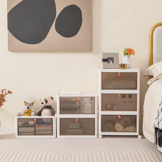 Boîte De Rangement De Chaussures Pliable 6 Niveaux Portes Transparentes Magnétiques Roues Universelles Verrouillables Pour Baskets Jouets Blanc