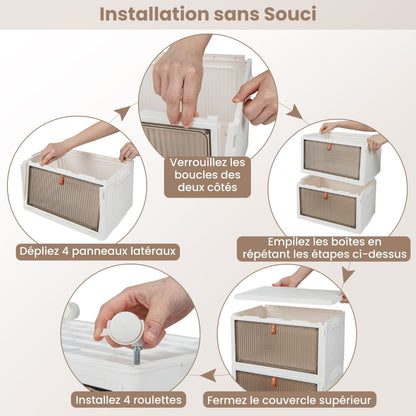 Boîte De Rangement De Chaussures Pliable 6 Niveaux Portes Transparentes Magnétiques Roues Universelles Verrouillables Pour Baskets Jouets Blanc