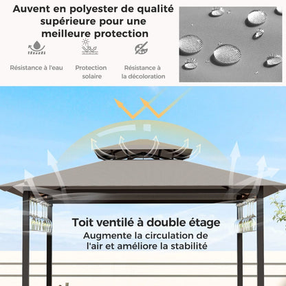 Tonnelle De Barbecue 3 Pcs Avec 2 Tabourets De Bar Abri Barbecue Avec Plateau En Verre Trempé Étagères En Métal 194X121X242Cm Gris/Marron