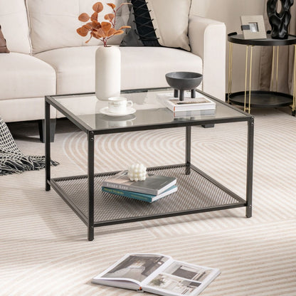 Table Basse Carrée En Verre Trempé 2 Niveaux Étagère En Maille Cadre En Métal Pieds Réglables Gris/Transparent