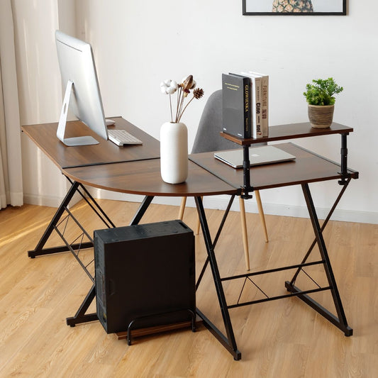 Bureau D'Angle En Forme L Détachable Avec Support Pour Moniteur 147X112X79Cm Noyer/Noir/Antique