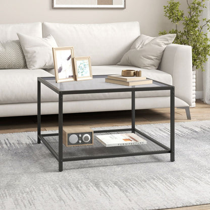 Table Basse Carrée En Verre Trempé 2 Niveaux Étagère En Maille Cadre En Métal Pieds Réglables Gris/Transparent