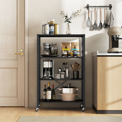 Étagère De Rangement Pliable À 4 Niveaux Étagère Réglable Avec Roues Verrouillables Unité De Rangement Domestique Organisateur De Rangement Noir
