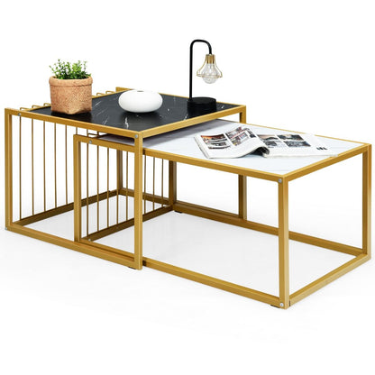 Lot De 2 Tables Basses Gigognes Surface En Marbre Artificiel Réaliste Scandinave Moderne Structure En Métal
