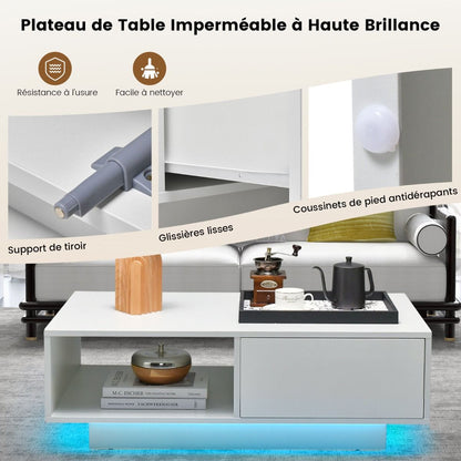 Table Basse Contemporain Avec Lumières LED 20 Couleurs 95X55X31 CM Table De Salon Avec Grand Tiroir Et Compartiment Blanc/Noir