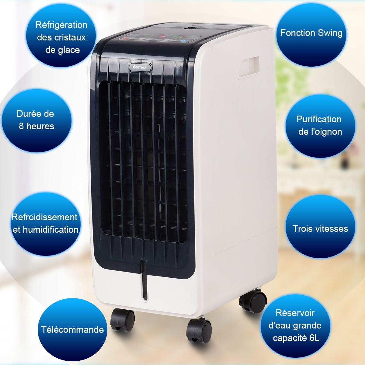 Refroidisseur D’Air 75W Portable Avec Télécommande Ecran LCD 3 Vitesses Minuterie 8H Réservoir D'Eau 6L 32X25X57Cm