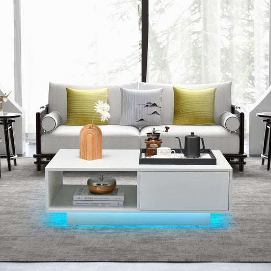 Table Basse Contemporain Avec Lumières LED 20 Couleurs 95X55X31 CM Table De Salon Avec Grand Tiroir Et Compartiment Blanc/Noir