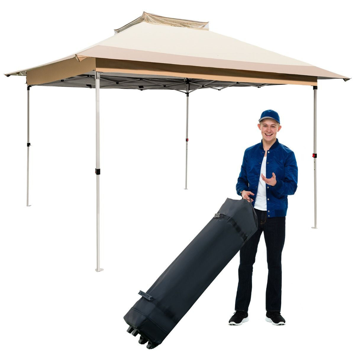 Tonnelle De Jardin Instantanée Double Toit 360X360CM Tente Réception Avec Dessus Ventilé Sac De Transport À Roulettes Tonnelle À Ouverture Café
