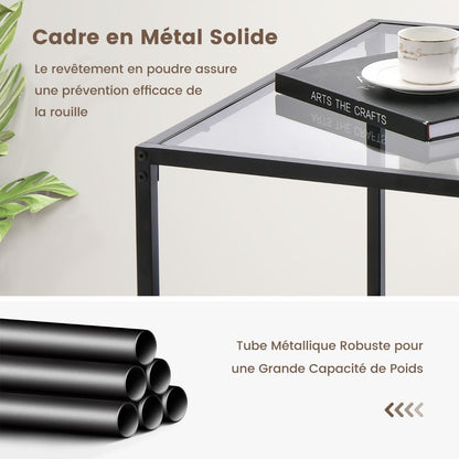 Table Basse Carrée En Verre Trempé 2 Niveaux Étagère En Maille Cadre En Métal Pieds Réglables Gris/Transparent