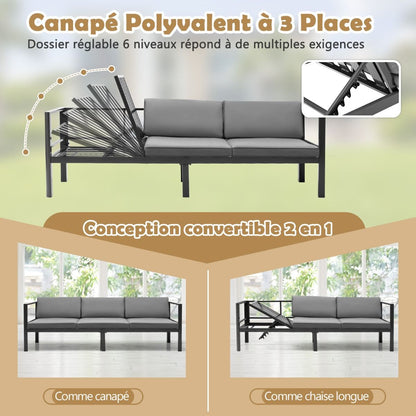Salon De Jardin Extérieur Avec Table Basse En Verre Trempé Canapéavec Dossier Inclinable À 6 Niveaux Coussins Inclus Gris