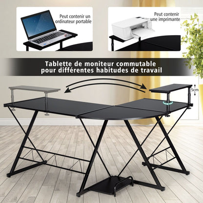 Bureau D'Angle En Forme L Détachable Avec Support Pour Moniteur 147X112X79Cm Noyer/Noir/Antique