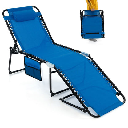 Chaise Longue Pliante Avec Appuie-Tête Amovible Dossier Réglable À 4 Positions Acier Antirouille Pour Camping Terrasse Noir/Bleu/Gris