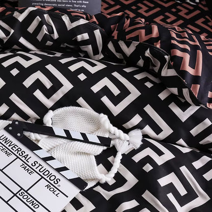 Ensemble de literie de luxe noir, lit Queen King simple, grande taille, en polyester, housse de couette, ensemble plaid moderne oiseau avec taie d’oreiller