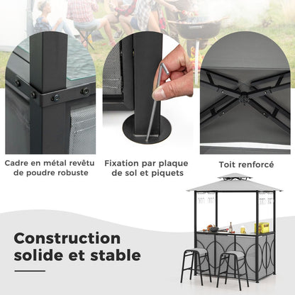 Tonnelle De Barbecue 3 Pcs Avec 2 Tabourets De Bar Abri Barbecue Avec Plateau En Verre Trempé Étagères En Métal 194X121X242Cm Gris/Marron
