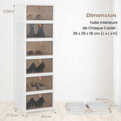 Boîte De Rangement De Chaussures Pliable 6 Niveaux Portes Transparentes Magnétiques Roues Universelles Verrouillables Pour Baskets Jouets Blanc