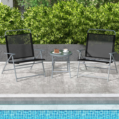 Salon De Jardin 3 Pièces Pour Patio Cadre Métallique Avec Table Basse En Verre Trempé Ensemble De Chaises Et Table Pliantes Portables Noir