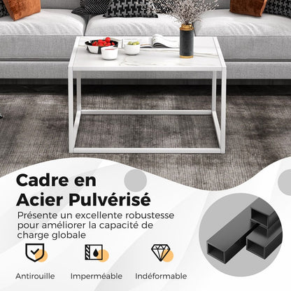 Table Basse Carrée Moderne Avec Dessus De Table En Faux Marbre Et Structure En Acier Blanc