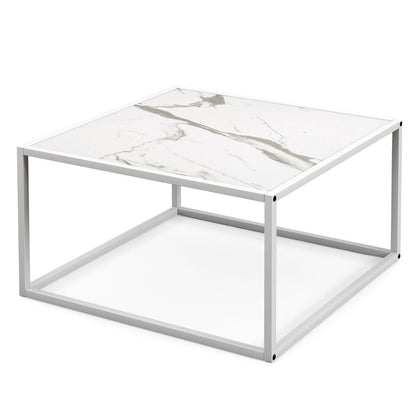 Table Basse Carrée Moderne Avec Dessus De Table En Faux Marbre Et Structure En Acier Blanc