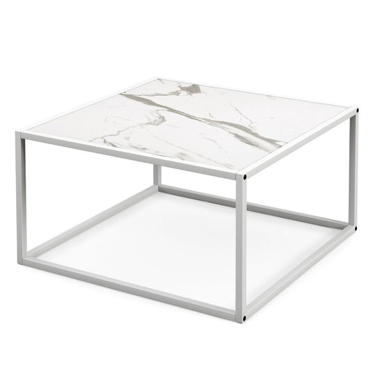 Table Basse Carrée Moderne Avec Dessus De Table En Faux Marbre Et Structure En Acier Blanc