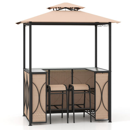 Tonnelle De Barbecue 3 Pcs Avec 2 Tabourets De Bar Abri Barbecue Avec Plateau En Verre Trempé Étagères En Métal 194X121X242Cm Gris/Marron